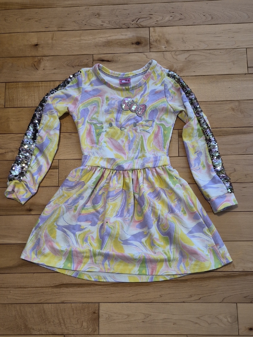 Girls' Size 6 Hello Kitty Pastel Marble Print Sequin-Sleeve Dress